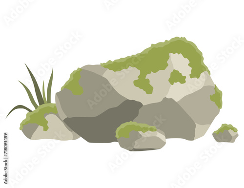 Rock stone formations. Small boulder mountain with grass and moss, big icon with rocky texture, heavy piles. Cobblestones of various shapes, hard rock rubbles. Vector cartoon background