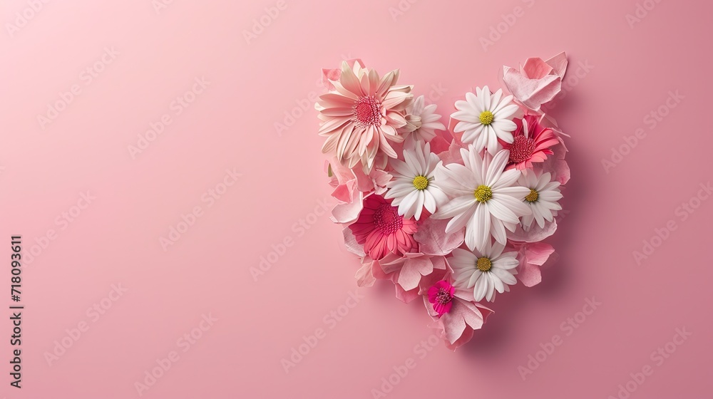 A heart made from assorted flowers against a soft pink backdrop, symbolizing love and affection.