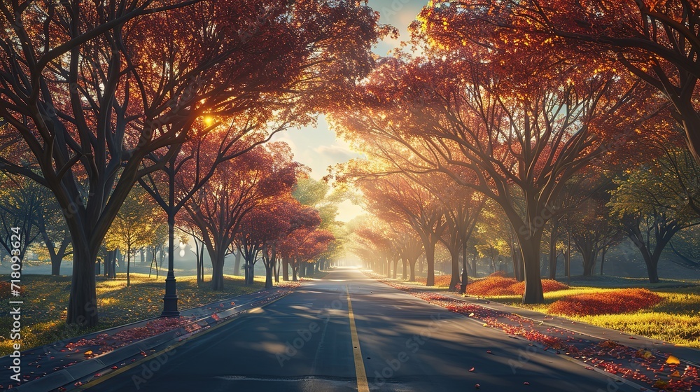 The warm sunrise illuminates a picturesque road, flanked by trees with leaves in brilliant shades of autumn, casting long shadows and a tranquil mood.