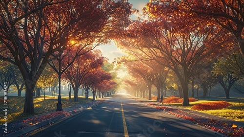 The warm sunrise illuminates a picturesque road, flanked by trees with leaves in brilliant shades of autumn, casting long shadows and a tranquil mood.