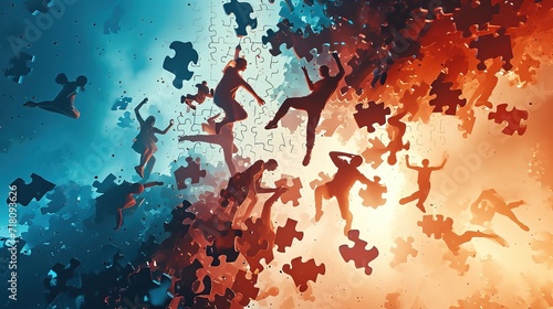 Dynamic scene of puzzle pieces bursting in mid-air, symbolizing disruption, chaos, or creative brainstorming.