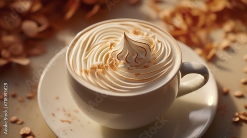 A close-up view of white chocolate shavings gracefully adorning a creamy cappuccino, captured in stunning