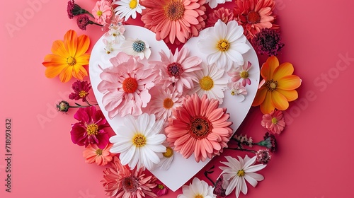 A vibrant heart-shaped floral arrangement with a mix of colorful flowers, set against a striking pink backdrop, perfect for expressing love and joy.