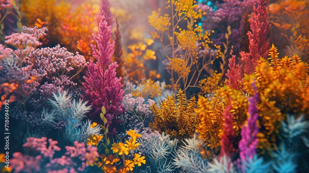 Vibrant display of autumn flora basking in ethereal light, showcasing a rich tapestry of seasonal colors.