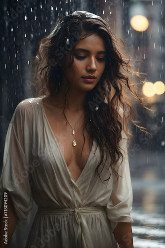 A portrait of a lady in the rain with an attractive style
