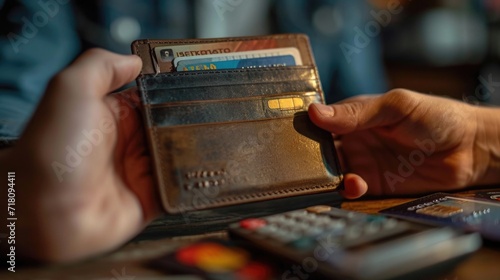 A hand grips an empty wallet, conveying a sense of A hand grips an empty wallet, conveying a sense of financial struggle and hardship. The absence of money highlights the difficulties faced in managin photo