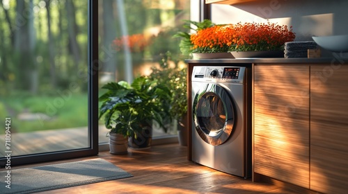 A sleek, modern water filter sitting in a cozy home laundry room,  