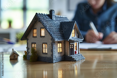 a concept 3d render model of a small living house on a table in a real estate agency. estate agent and the buyer clients signing mortgage contract document on the blurry background.