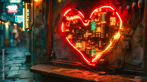 Glowing Heart Symbol in Neon Lights, Romantic Valentines Design with Bright Red and Blue on a Dark Background