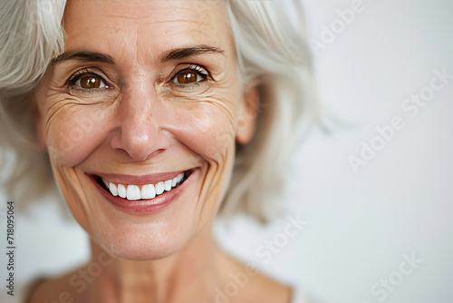 a beautiful old mature european american woman smiling with clean teeth. for a dental ad. lady with stylish hair and skin care. isolated on white background.