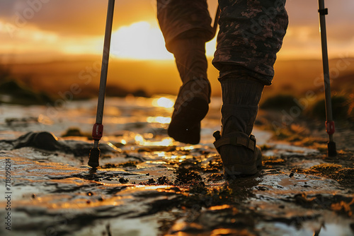 a closeup photo of a disabled person, who needs support walking with crutches. sunset and landscape in the background.