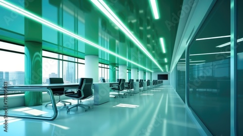 Green-blue open space office Abstract light at office interior background for design
