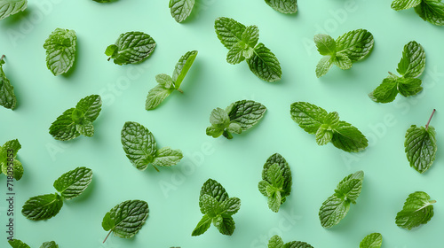 Scattered Fresh Mint Leaves on Light Green Background