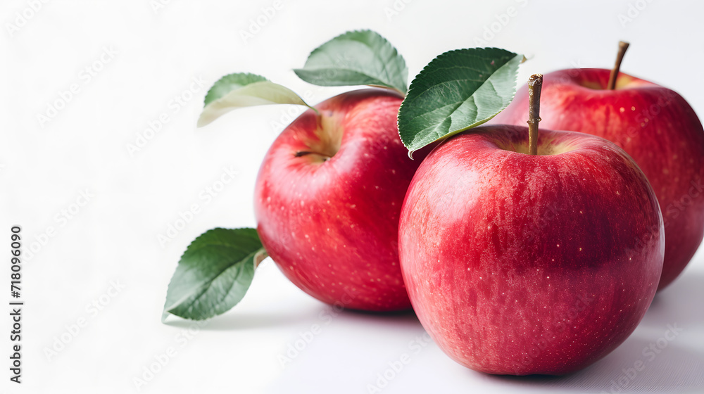 Fresh Red Apples with Green Leaves on White Background Fresh Red Apples with Green Leaves on White Background