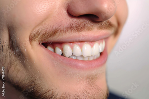 a close up photo of the lower part of a male face. handsome smile with very clean perfect teeth. chin  nose and mouth visible. dental service advertisement. no moustache white background.