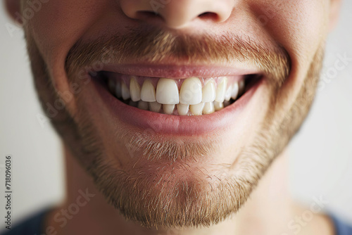 a close up photo of the lower part of a male face. handsome smile with very clean perfect teeth. chin, nose and mouth visible. dental service advertisement. no moustache white background.