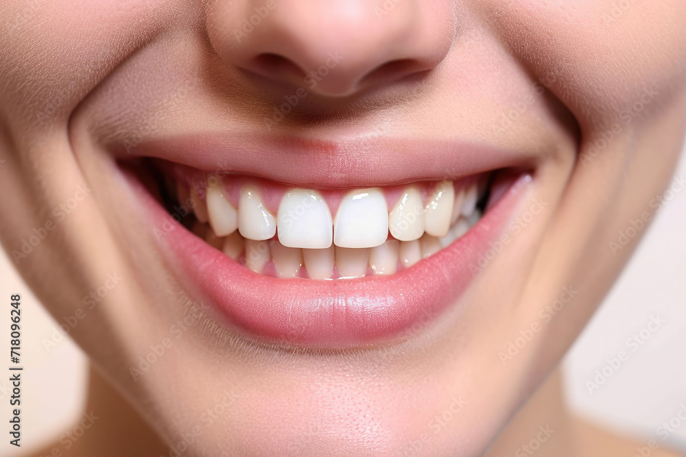 Fototapeta premium a close up photo of the lower part of a female face. beautiful cute smile with very clean perfect teeth. chin, nose and mouth visible. dental service advertisement. white background.