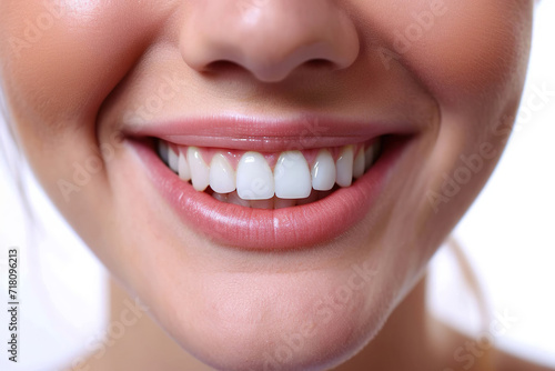 a close up photo of the lower part of a female face. beautiful cute smile with very clean perfect teeth. chin  nose and mouth visible. dental service advertisement. white background.