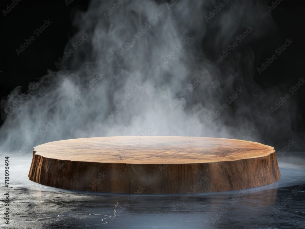 Flat minimalistic product display podium on the floor covered with liquid nitrogen with back lighting on dark background. AI generated photorealistic illustration of a marketing demo stage.