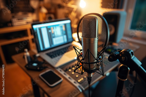 a close up of a microphone on a desk in a cozy modern podcast studio room with a laptop pc and other devices and gadgets.