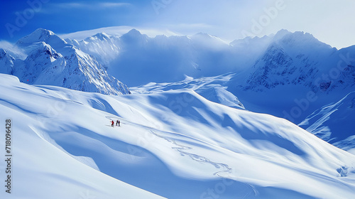 Schnee auf den Bergen und Alpen mit Skifahrer Kaiserwetter Problem Gletscherschmelze und Skitourismus wegen Schneemangel Generative AI