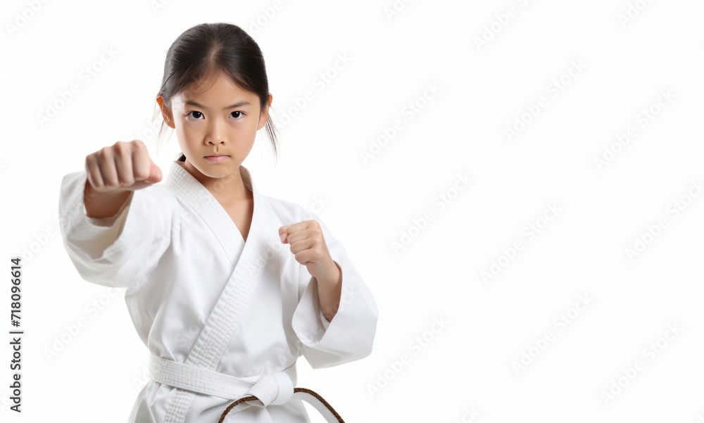 Asian girl fighting stance dressed in a karate uniform isolated on white background. Asian girl fighting stance dressed in a karate uniform isolated on white background.