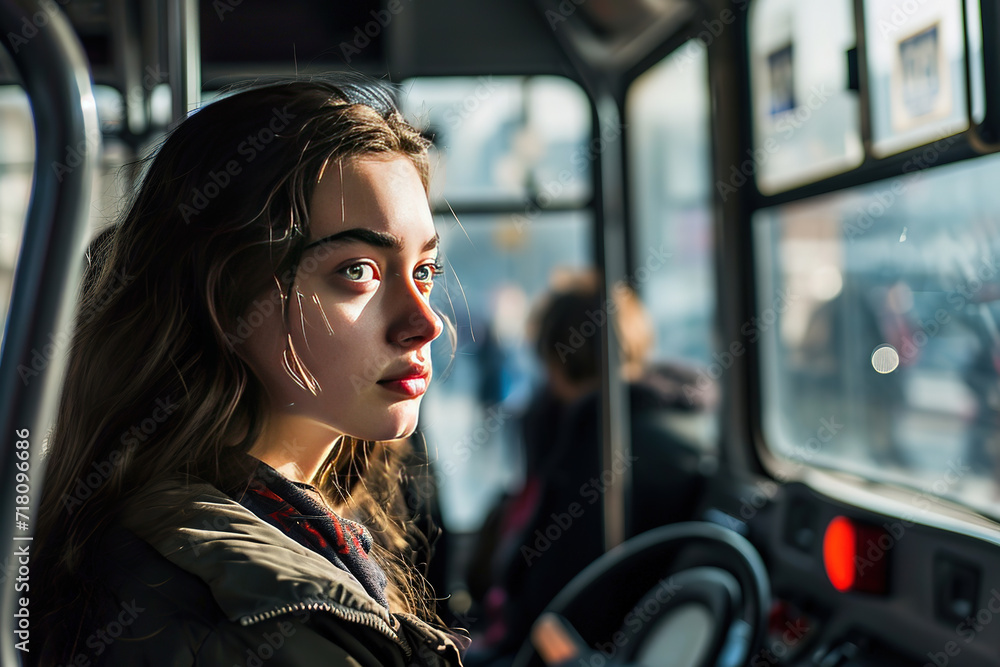 a close-up face beautiful white american model passenger woman driving a public transport subway metro train. people in background. sitting on a seat. drive to railway station.