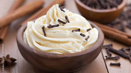 Whipped Vanilla Cream with Vanilla Beans in Wooden Bowl