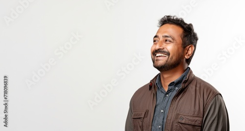 Adult hispanic man over isolated background looking away to side with smile on face, natural expression. Laughing confident. photo
