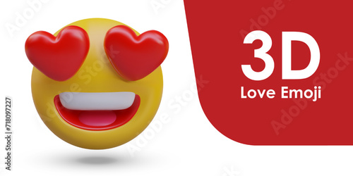 Emotion of love. Yellow head stares adoringly. 3D love emoticon with wide open mouth. Red hearts instead of eyes. Close up isolated vector illustration with glare and shadows