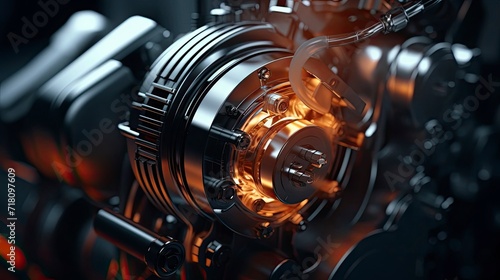 A detailed and dynamic industrial motor in action, illuminated by striking light effects that highlight the precision and technological advancement of today's manufacturing equipment.