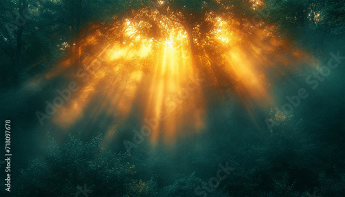 Fantasy forest. Fairy tale magical morning forest with sunlight beams. Magical particles swirl among the fantastically enchanted trees. Mystical woods.