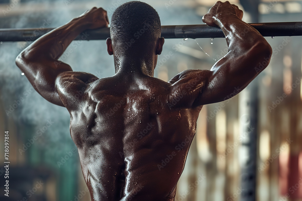 a black afro-american athlete with healthy muscular body doing pullups ...