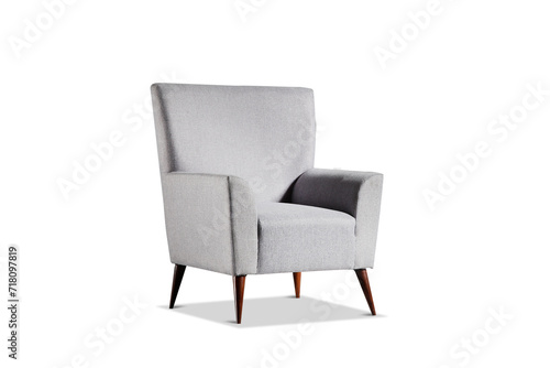 grey color armchair. Modern designer chair on white background. Textile chair.