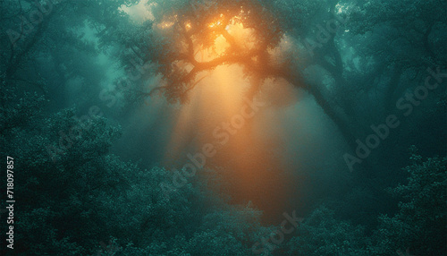 Fantasy forest. Fairy tale magical morning forest with sunlight beams. Magical particles swirl among the fantastically enchanted trees. Mystical woods.