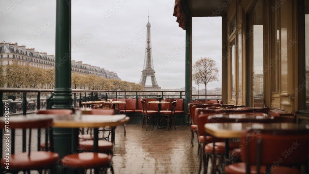 Wet Parisian Cozy Restaurant terrace with tables. Rainy Day Vibes in Heart of City , Grey Sky, and Eiffel Tower Silhouette Creating Timeless Scene of Urban Romance. Traveling in France concept.