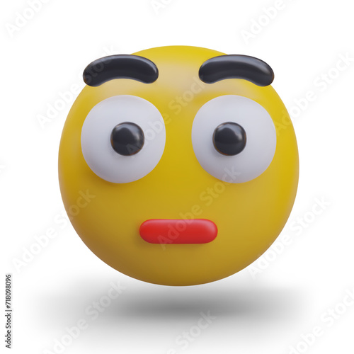 3D emoticon with staring eyes, front view. Shock, astonishment, surprise. Comic character confused, distressed. Funny grimace. Vector template for web design