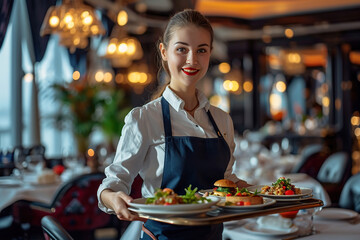 a beautiful young smiling server waitress in restaurant with plates with food on a tray in a expensive luxury restaurant bringing food to a table in her hands.
