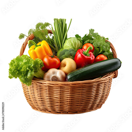 Assorted Vegetables in a Basket Isolated on Transparent or White Background
