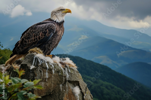 a beautiful north american bald eagle flying high in the sky. breathtaking scenic landscape view on mountains nature. desktop wallpaper background. © arhendrix
