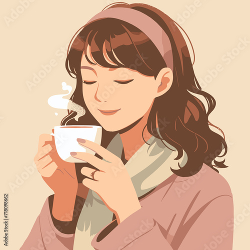 Minimalist Illustration of a Woman Holding a Coffee Cup. Clean Lines and Simple Silhouettes Conveying the Serenity and Pleasure of a Quiet Coffee Moment.