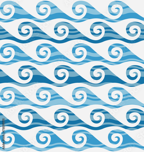 Seamless geometric blue pattern with blue and white waves. Vector image