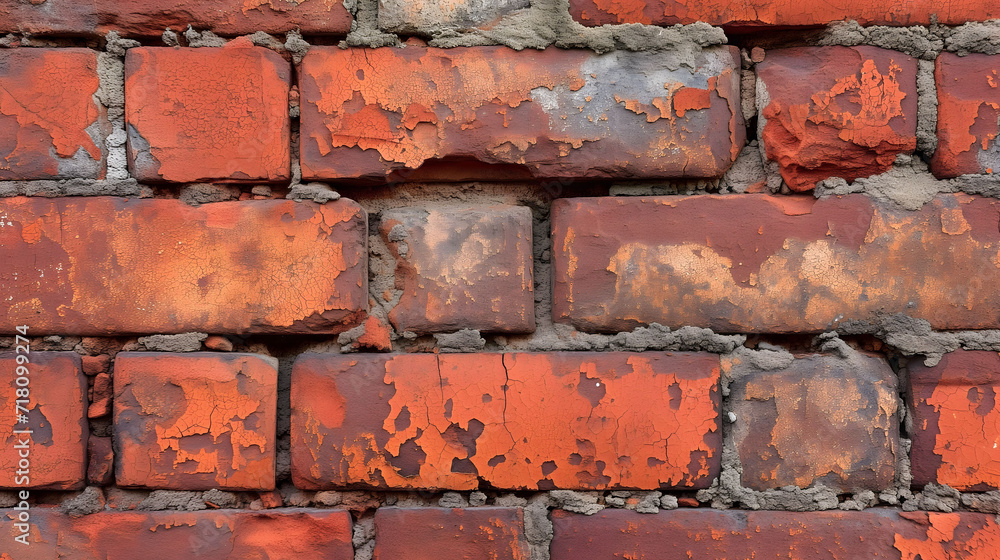 Weathered brick wall with peeling paint and visible wear Weathered brick wall with peeling paint and visible wear