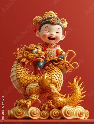 a cute boy sitting on the back of a chinese divine dragon, red and gold dragon, Chinese lunar new year dragon zodiac, 2024 new year