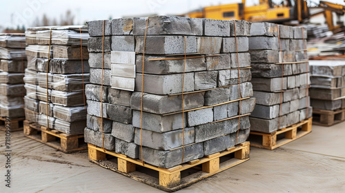 Stacked concrete paving stones secured on wooden pallets outdoors