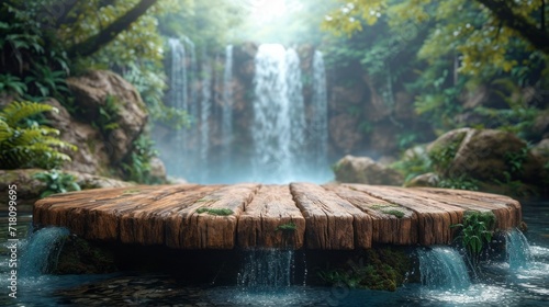 Empty wood table top with water fall background  for products display