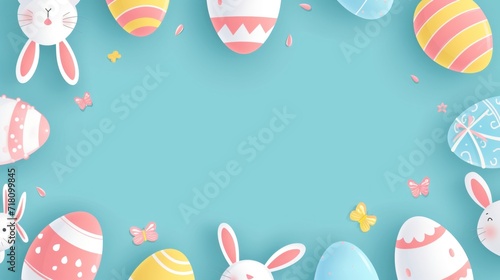 A banner with a cascade of Easter eggs on one side, lwith copy space for text. isolated on pastel background photo