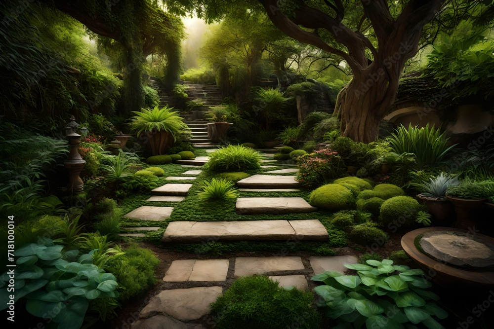 Textured stone pathways surrounded by lush foliage