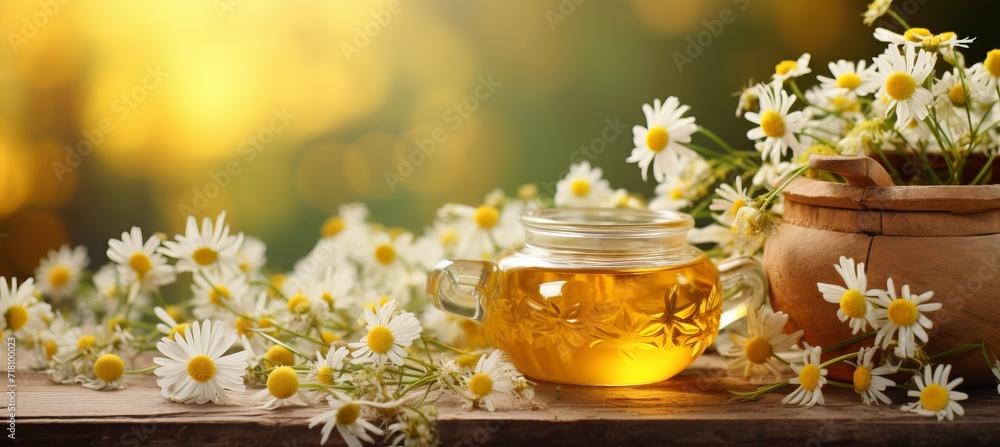 Chamomile tea and daisies composition on blurred background with copy space Chamomile tea and daisies composition on blurred background with copy space