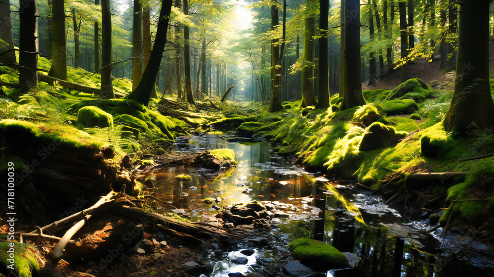 Obraz premium Green Forest Scene with Sunlight, Nature and Water Stream, Peaceful Landscape with Trees and Moss